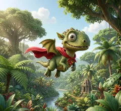 An illustrated storybook scene featuring the transformed character in an adventure