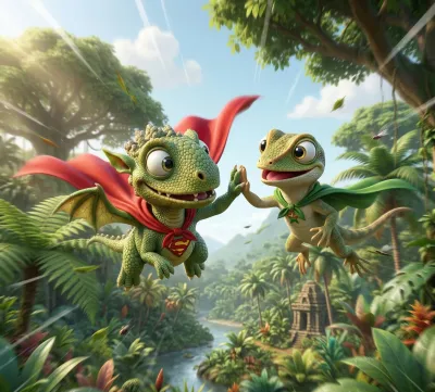 Storybook scene two — the character meets a friendly companion along the way