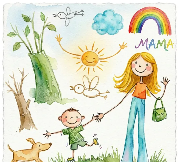 Child's drawing transformed into watercolour style with soft flowing washes of color