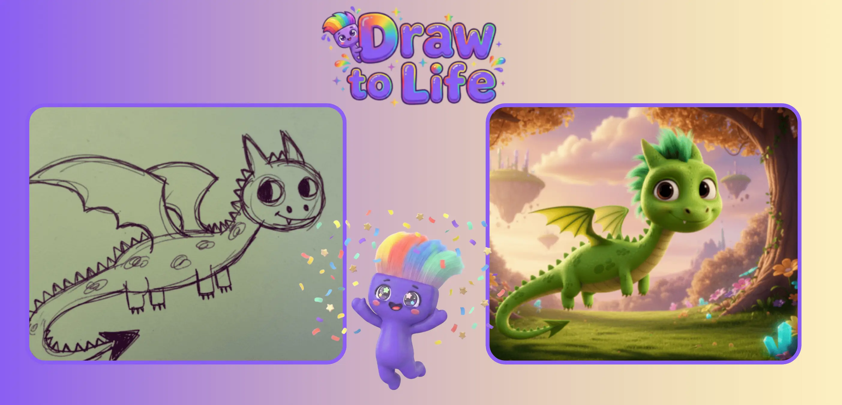 A child's crayon drawing of a dragon transformed into stunning anime art using AI