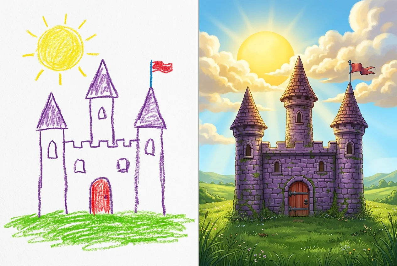 A child's simple crayon drawing of a castle transformed into detailed AI art -- bridging the imagination gap