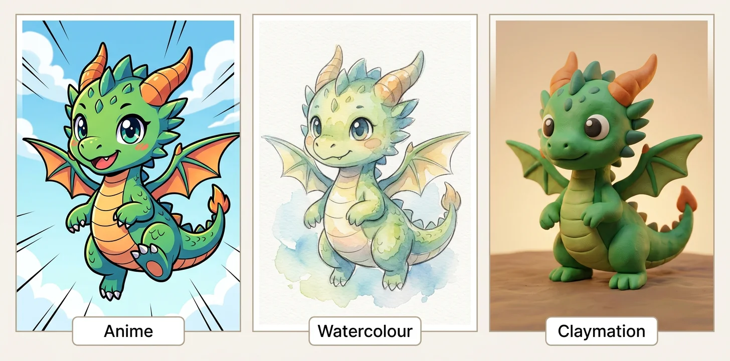 The same children's drawing transformed into anime, watercolour, and claymation styles using AI art for children's drawings