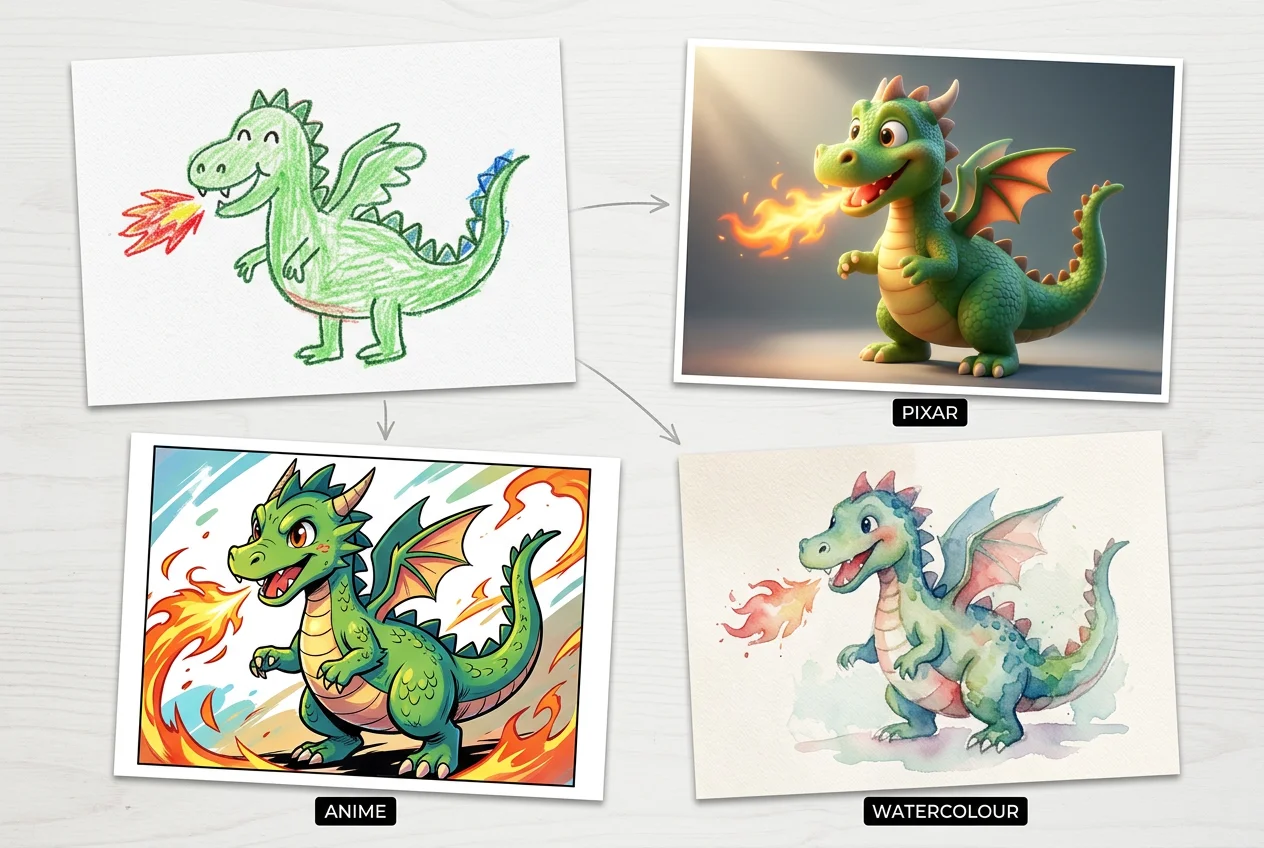 A child's crayon drawing of a dragon transformed into polished digital art in multiple styles
