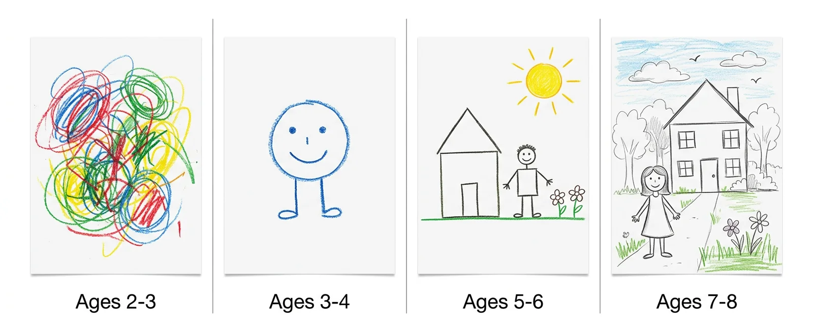 Examples of children's drawing development stages from scribbles to detailed scenes