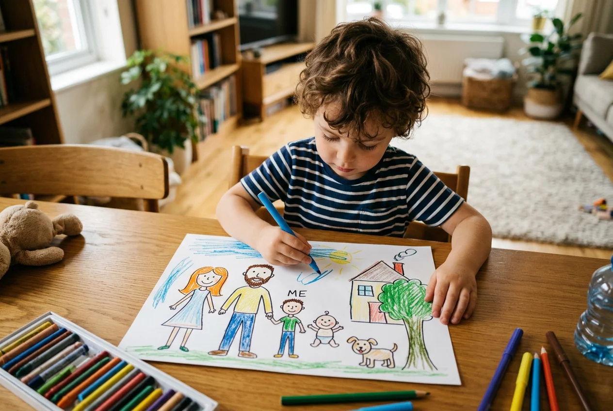Child drawing a family portrait, practicing spatial reasoning and proportions